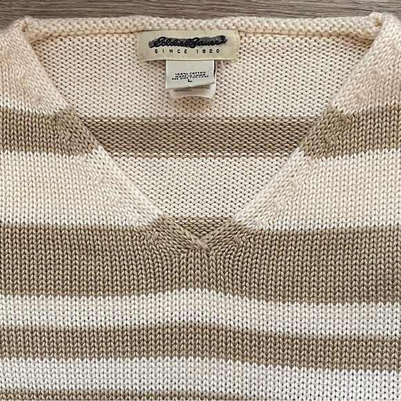 Eddie Bauer Knit Cream and Tan Striped Cotton Sweater Size Large - Picture 5 of 11
